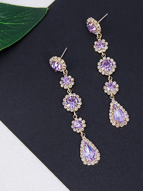 Yellow Chimes Gold Plated Purple Crystal Studded Dangler Earrings