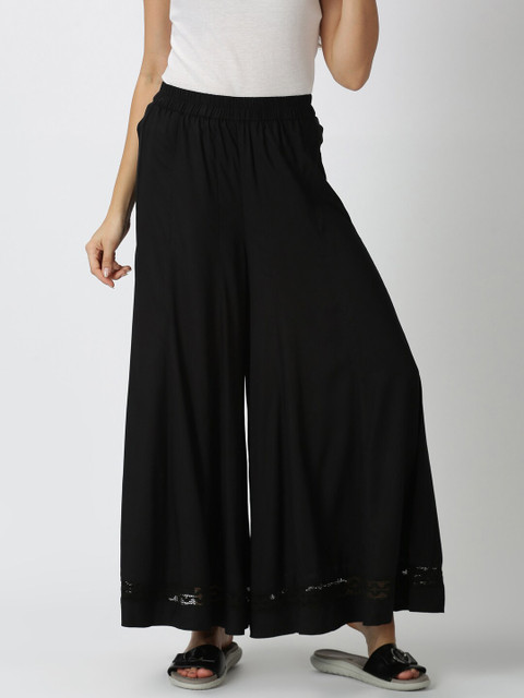 Saffron Threads Women Black Flared Ethnic Palazzos with Lace on Hem