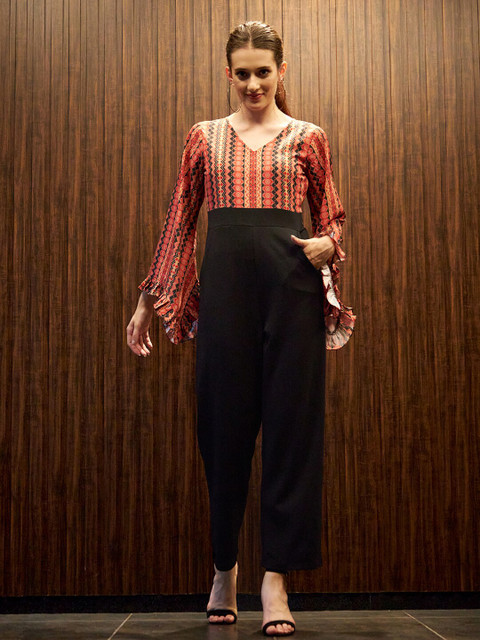 Athena Women Black & Coral Printed Basic Jumpsuit