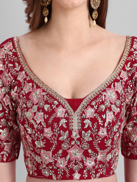 TIKODI Red & Gold-Toned Embroidered Sequinned Semi-Stitched Lehenga & Unstitched Blouse With Dupatta - Image 2