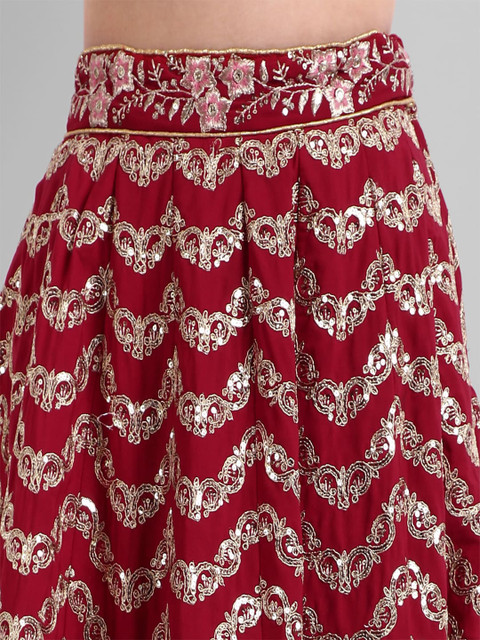 TIKODI Red & Gold-Toned Embroidered Sequinned Semi-Stitched Lehenga & Unstitched Blouse With Dupatta - Image 3