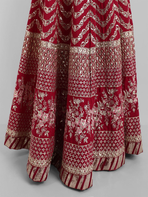 TIKODI Red & Gold-Toned Embroidered Sequinned Semi-Stitched Lehenga & Unstitched Blouse With Dupatta - Image 7