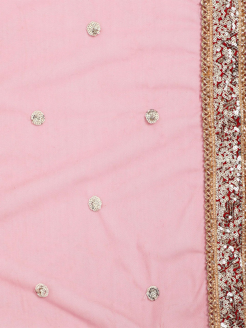 TIKODI Red & Gold-Toned Embroidered Sequinned Semi-Stitched Lehenga & Unstitched Blouse With Dupatta - Image 4