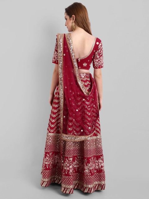 TIKODI Red & Gold-Toned Embroidered Sequinned Semi-Stitched Lehenga & Unstitched Blouse With Dupatta - Image 6