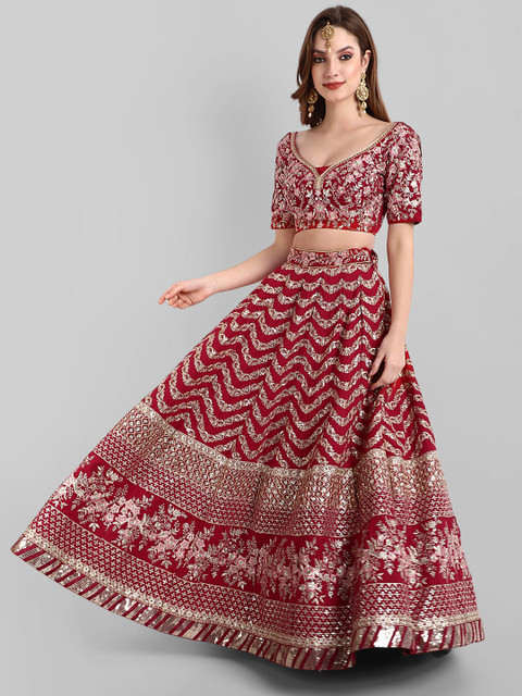 TIKODI Red & Gold-Toned Embroidered Sequinned Semi-Stitched Lehenga & Unstitched Blouse With Dupatta - Image 5