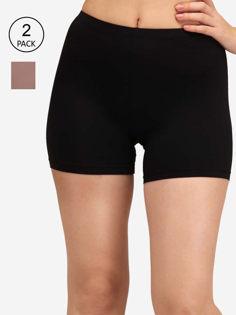 SOIE Women Mid Rise Soft Polyamide Spandex Mid Thigh Length Cycling Shorts-Pack of 2