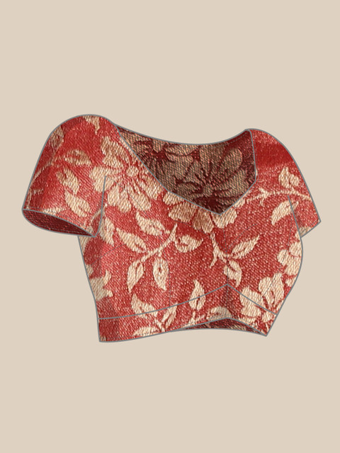 Mitera Red & Gold-Toned Floral Zari Pure Chiffon Saree - Image 7