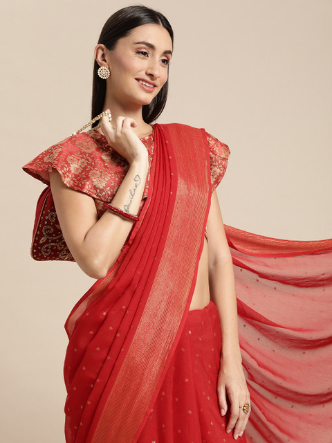 Mitera Red & Gold-Toned Floral Zari Pure Chiffon Saree - Image 2