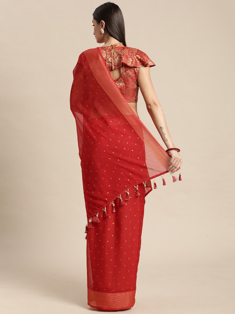 Mitera Red & Gold-Toned Floral Zari Pure Chiffon Saree - Image 3