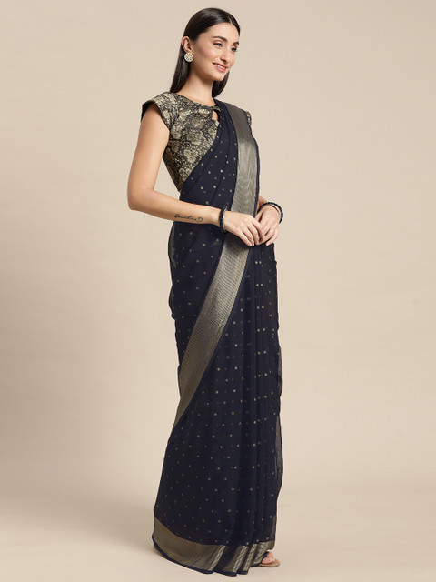 Mitera Black & Gold-Toned Floral Zari Pure Chiffon Saree - Image 2