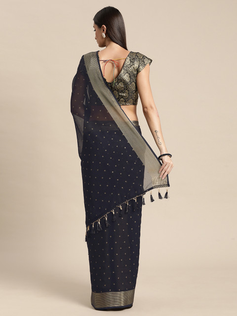 Mitera Black & Gold-Toned Floral Zari Pure Chiffon Saree - Image 3