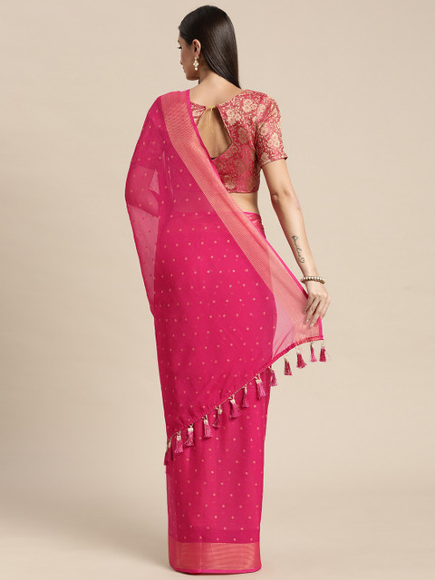 Mitera Pink & Gold-Toned Floral Zari Pure Chiffon Saree - Image 3