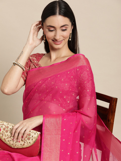 Mitera Pink & Gold-Toned Floral Zari Pure Chiffon Saree - Image 2