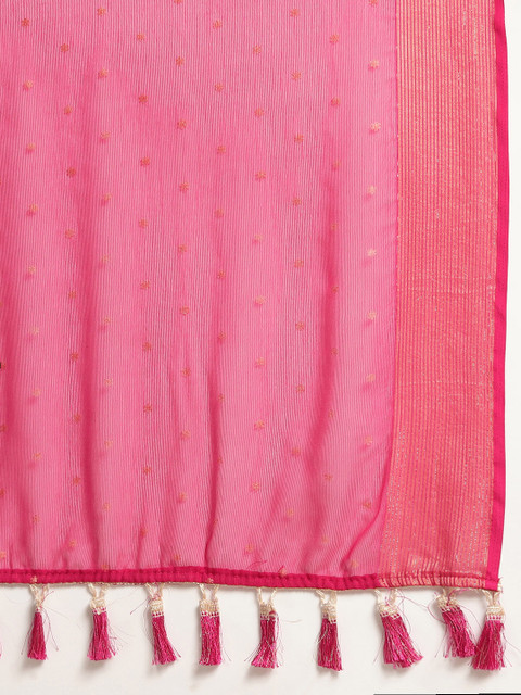 Mitera Pink & Gold-Toned Floral Zari Pure Chiffon Saree - Image 5