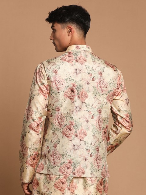 VASTRAMAY Men Beige & Pink Floral Printed Slim Fit Nehru Jacket - Image 4