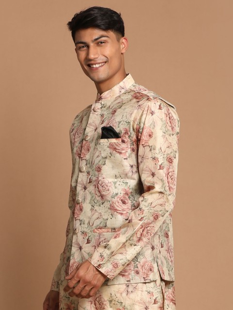 VASTRAMAY Men Beige & Pink Floral Printed Slim Fit Nehru Jacket - Image 3