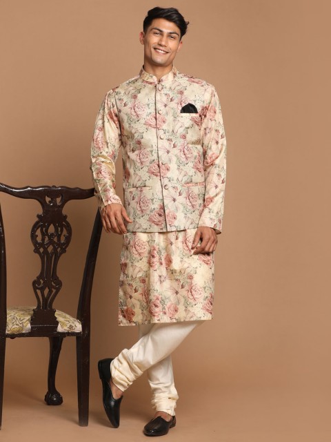 VASTRAMAY Men Beige & Pink Floral Printed Slim Fit Nehru Jacket - Image 5