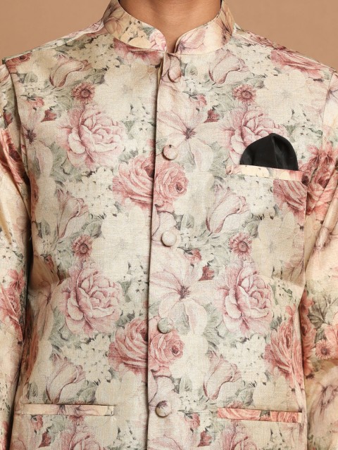 VASTRAMAY Men Beige & Pink Floral Printed Slim Fit Nehru Jacket - Image 2