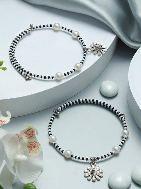 Jazz and Sizzle Silver-Plated White & Black Beaded Anklet