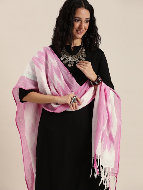 Taavi White & Lavender Woven Design Pure Cotton Ikat Dupatta