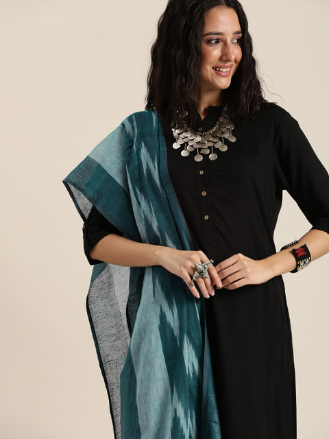 Taavi Green Woven Design Pure Cotton Ikat Dupatta