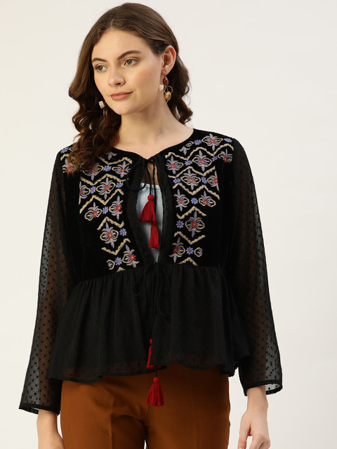 Antheaa Women Black & Blue Embroidered Tie-Up Shrug