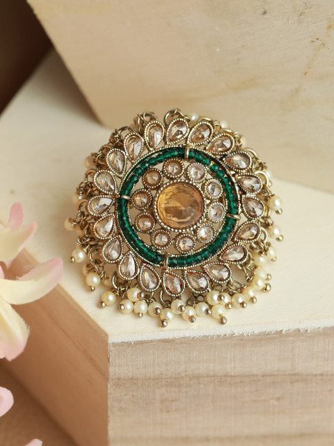 Jazz and Sizzle Gold-Plated Green & White Kundan-Studded & Beaded Finger Ring
