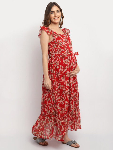 Moms Maternity Red Floral Georgette Maternity Maxi Dress - Image 3