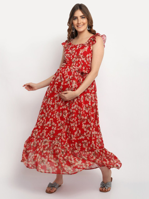 Moms Maternity Red Floral Georgette Maternity Maxi Dress - Image 4