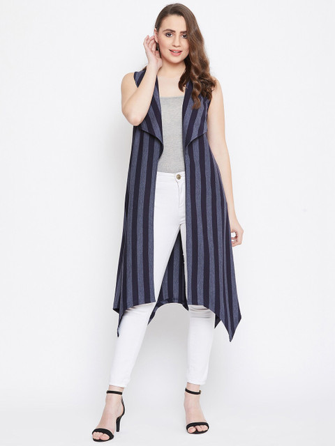 Hypernation Women Blue & Grey Striped Cotton Blend Longline Shrug