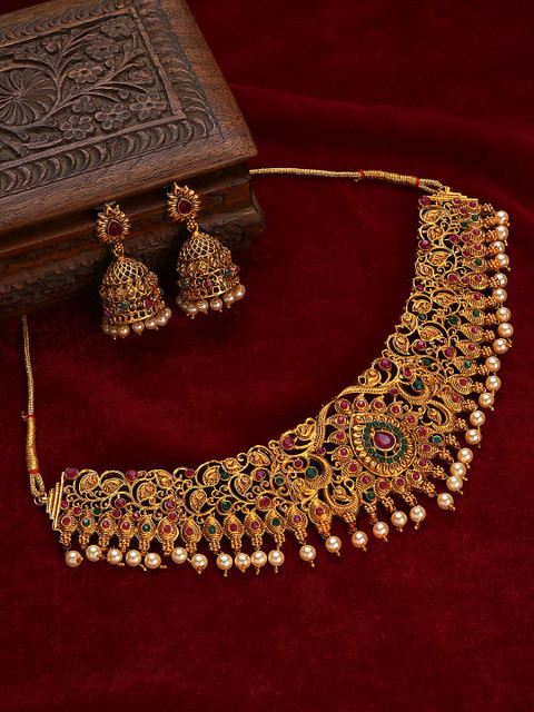 Jazz and Sizzle Gold-Plated & Pink Stone Studded Temple Jewellery Set
