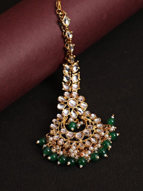 Jazz and Sizzle Gold-Plated & Green Kundan Studded & Beaded Maangtika