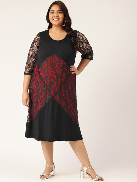 theRebelinme Plus Size Red Floral A-Line Midi Dress
