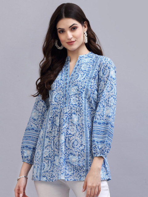 QOMN Blue Print Mandarin Collar Empire Pure Cotton Longline Top