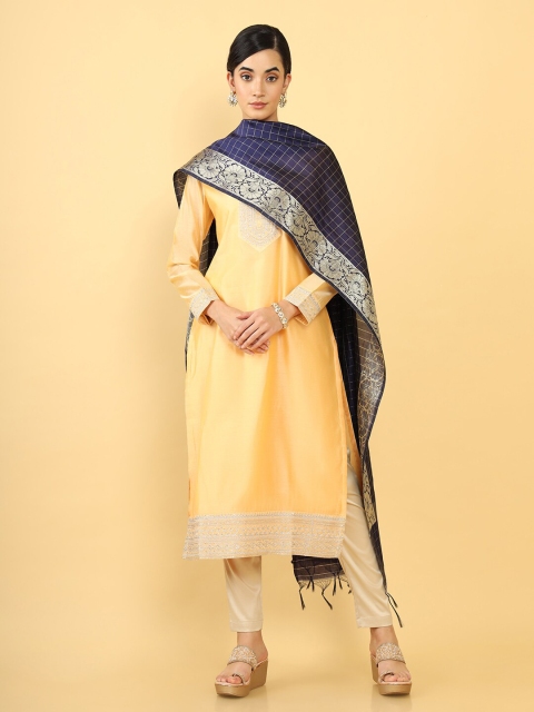 Soch Navy Blue & Gold-Toned Cotton Blend Checked Dupatta