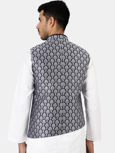 Wintage Men Blue Woven Design Nehru Jackets - Image 4