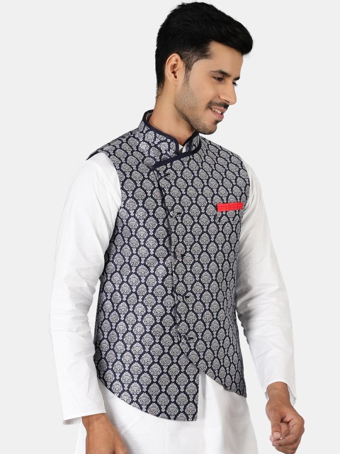 Wintage Men Blue Woven Design Nehru Jackets - Image 3