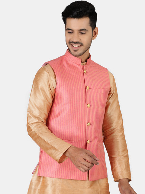 Wintage Men Pink Striped Nehru Jacket - Image 3