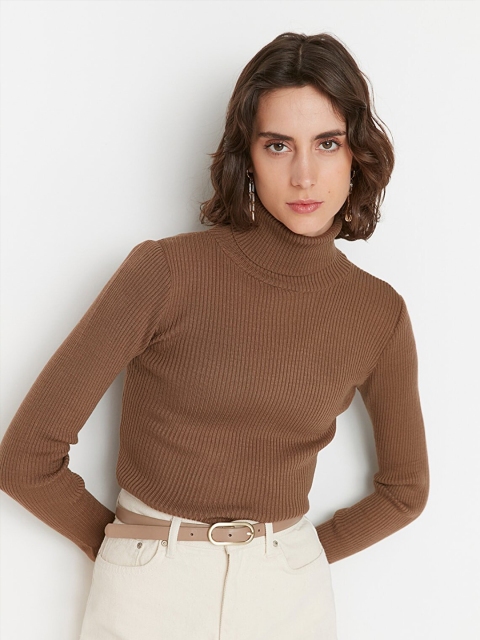Trendyol Women Brown Ribbed Pullover - Image 4