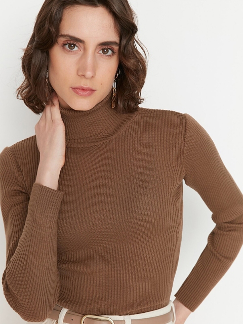 Trendyol Women Brown Ribbed Pullover - Image 6