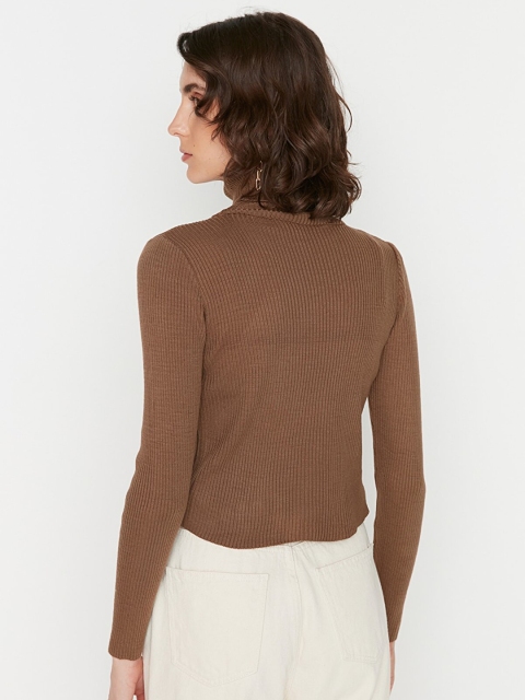 Trendyol Women Brown Ribbed Pullover - Image 5
