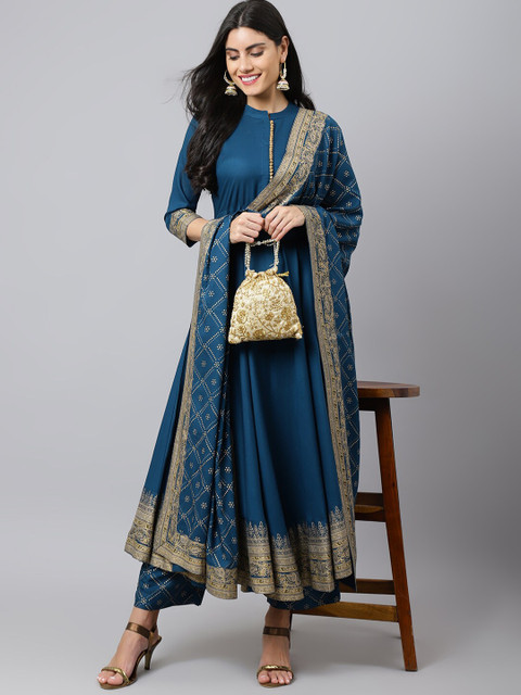 Khushal K Women Blue Ethnic Motifs Empire Kurta with Trousers & With Dupatta