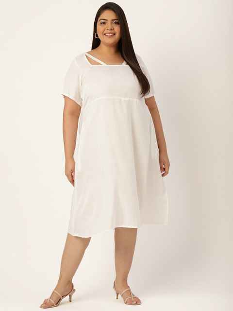 theRebelinme Plus Size White Solid Midi Dress