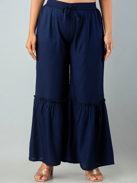 MAUKA Women Navy Blue Flared Ethnic Sharara Palazzos