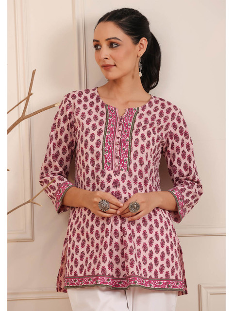 Rain & Rainbow Pink Printed Sequinned Pure Cotton Kurti
