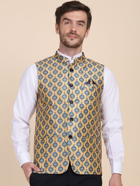 TAHVO Men Yellow & Blue Printed Woven Nehru Jackets