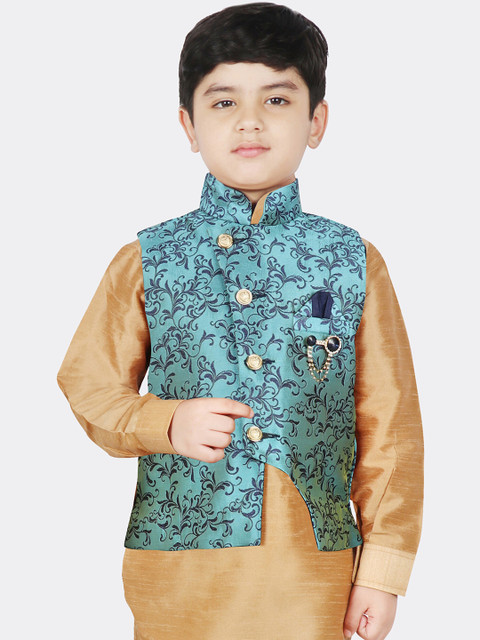 SG YUVRAJ Boys Turquoise Blue Woven Design Nehru Jackets