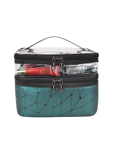 Queue Green & Black Printed Double Layer Travel Cosmetic Cases Make Up Organizer
