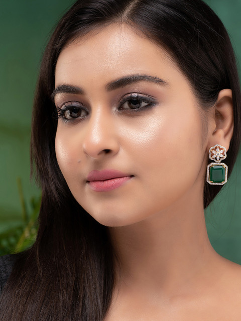 Saraf RS Jewellery Gold Plated Green Square Drop Earrings