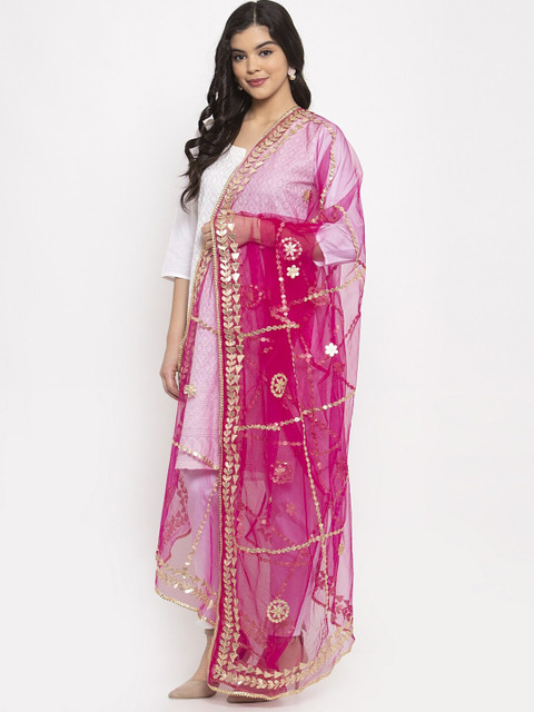 Clora Creation Magenta & Gold-Toned Net Dupatta With Embellished Gotta Patti - Image 3